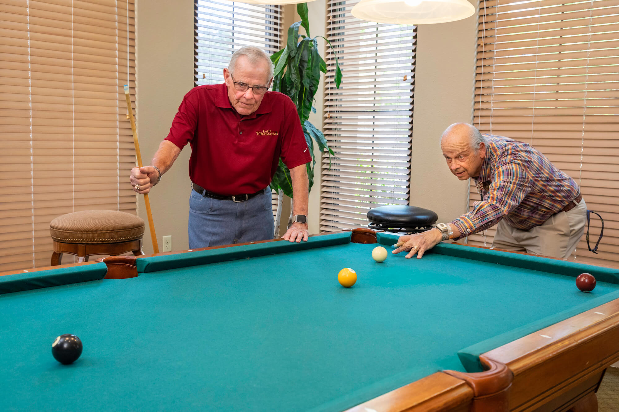 Two senior men playing pool